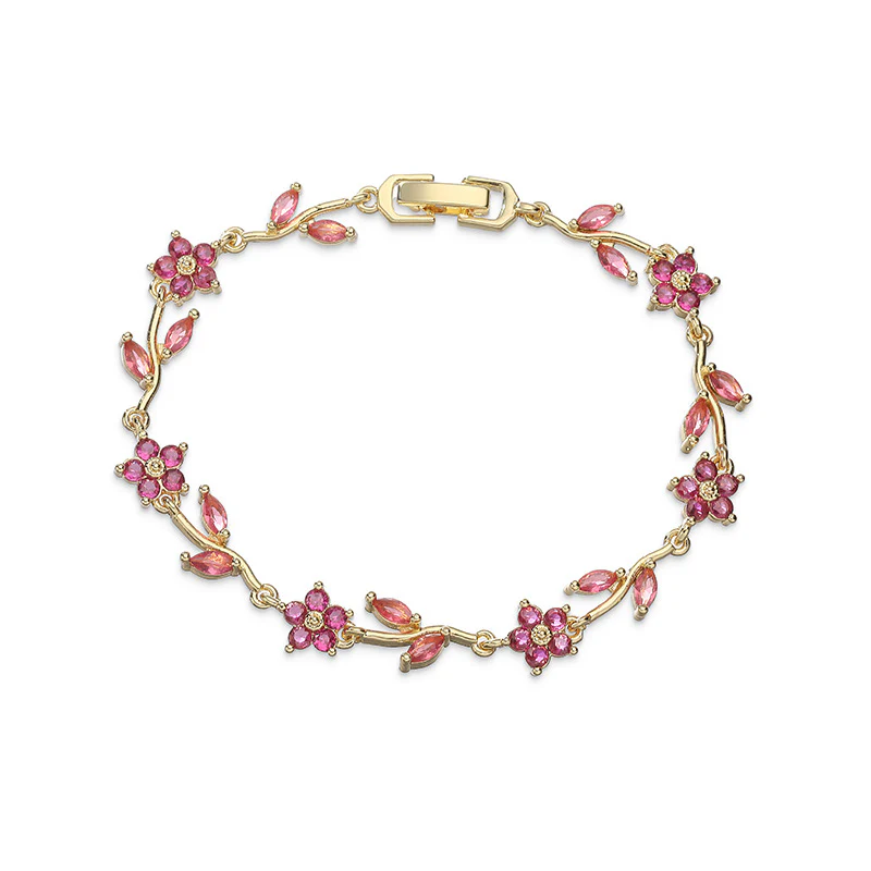 “Camellia Vine” Gold-Tone Brass Multicolor Zircon Flower Bracelet - Image 7