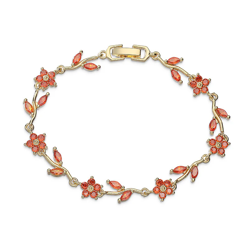 “Camellia Vine” Gold-Tone Brass Multicolor Zircon Flower Bracelet - Image 9