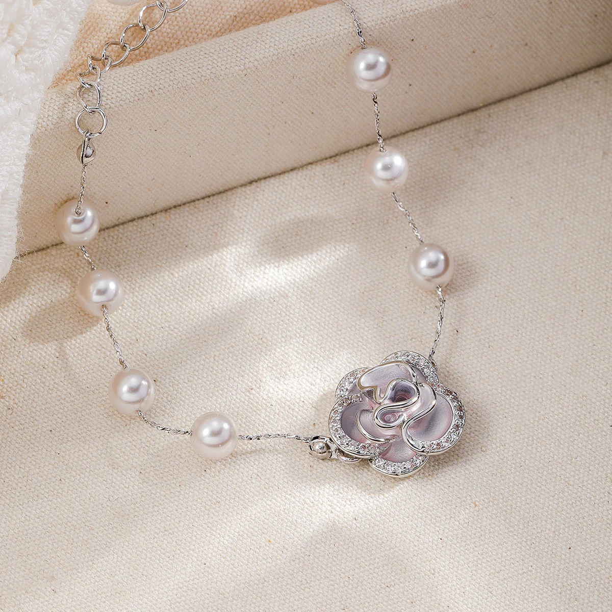 Camellia Whisper Zircon Palladium-Plated Brass Bracelet - Image 2