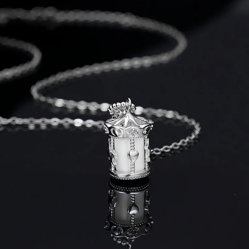 "Carousel Charm" 925 Sterling Silver Necklace – Rotating Horse, White Gold Plated - Image 4