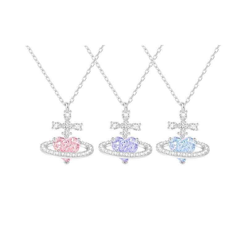 “Celestia Orbit” 925 Sterling Silver Saturn Heart Necklace