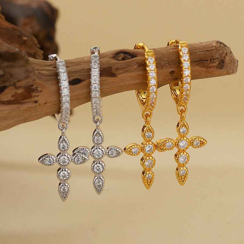 “Celestial Cross” S925 Sterling Silver Full Pavé Dangle Earrings - Image 3