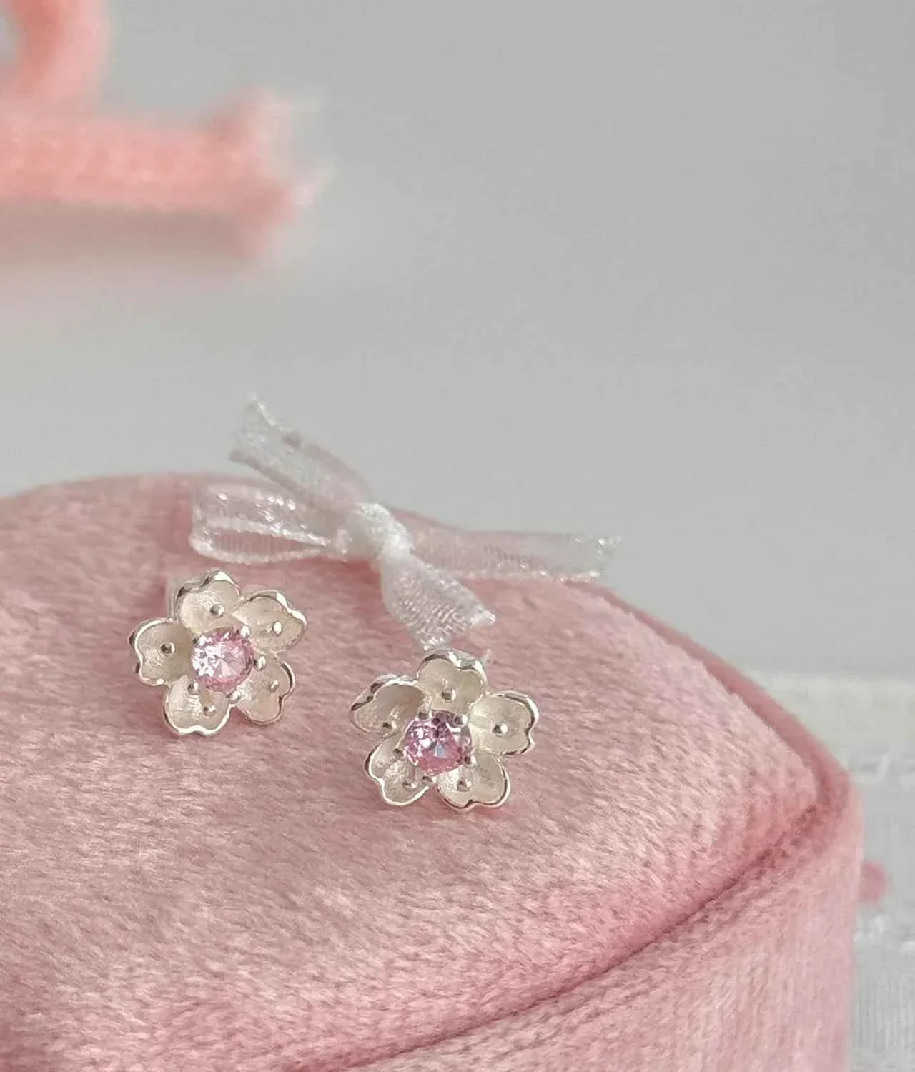 "Cherry Blossom Delight" 999 Pure Silver Sakura Stud Earrings with Artificial Gems - Elegant, Delicate, and Unique - Image 3