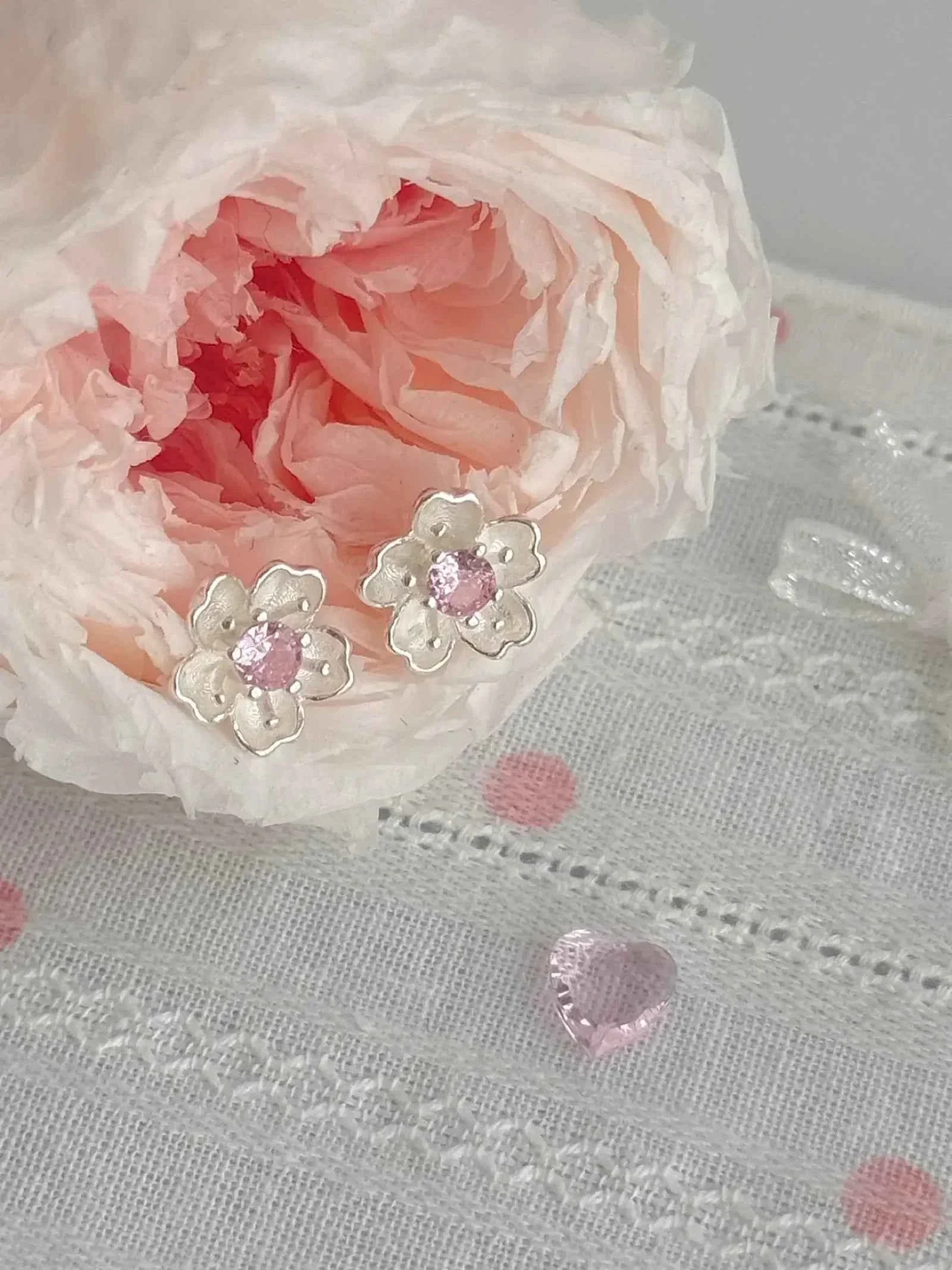 "Cherry Blossom Delight" 999 Pure Silver Sakura Stud Earrings with Artificial Gems - Elegant, Delicate, and Unique - Image 4