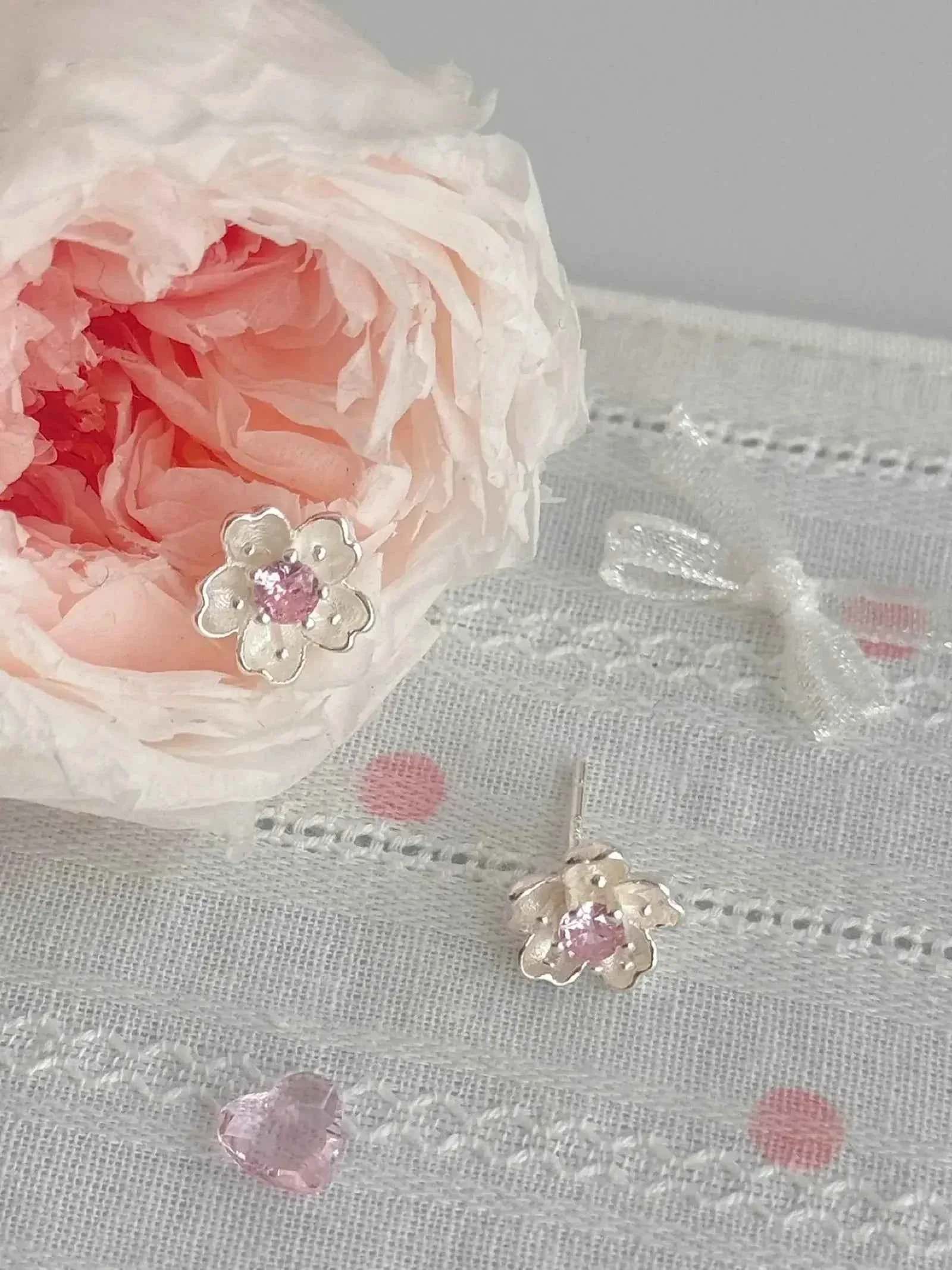 "Cherry Blossom Delight" 999 Pure Silver Sakura Stud Earrings with Artificial Gems - Elegant, Delicate, and Unique - Image 6