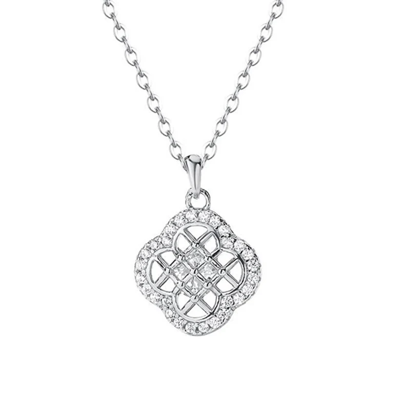 “Cloverline Grace” 925 Sterling Silver Micro Pavé Openwork Clover Necklace