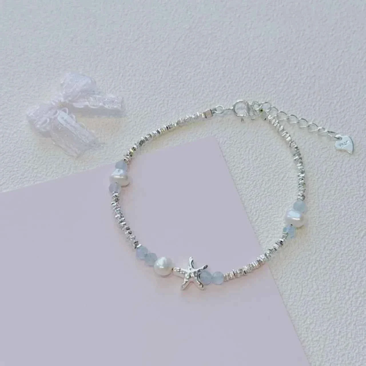 "Coastal Diary" 925 Sterling Silver Starfish and Natural Pearl Bracelet - Elegant and Youthful - Image 4