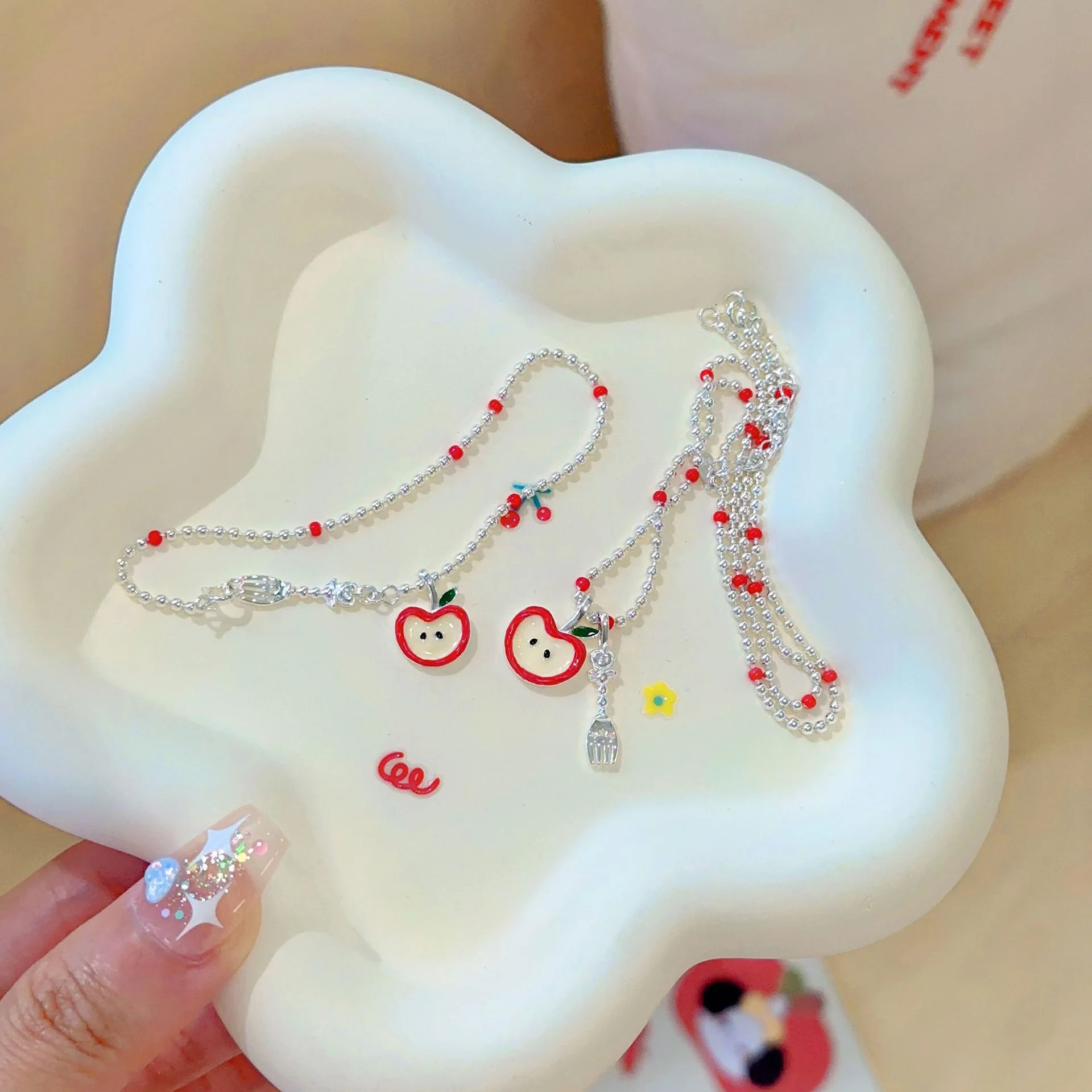 “Crimson Orchard” S925 Sterling Silver Red Apple Charm Necklace - Image 4