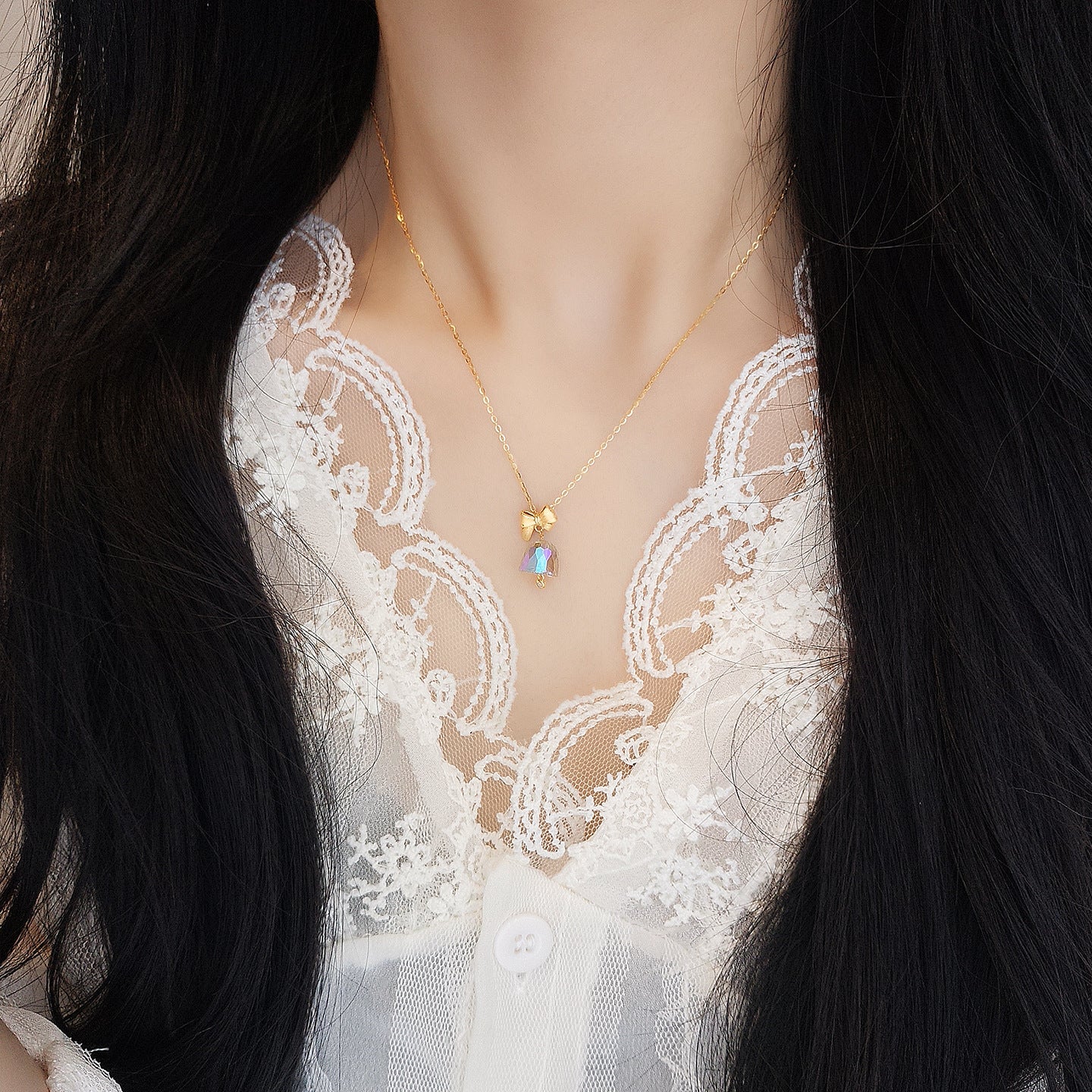 “Crystal Bell Muse” S925 Sterling Silver Bow Bell Pendant Necklace - Image 2