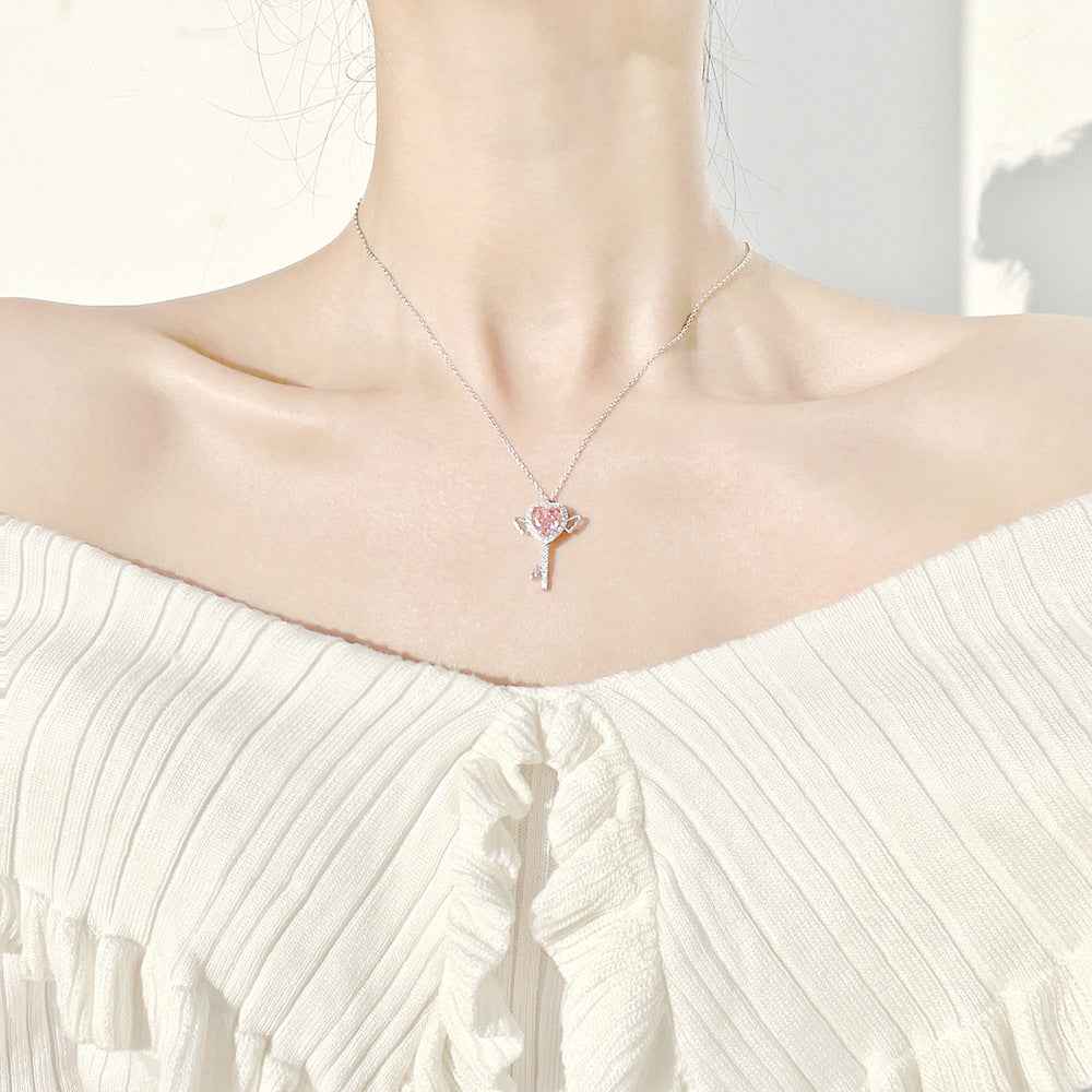 “Cupid’s Key” 925 Sterling Silver Pink Heart Wing Key Necklace - Image 2