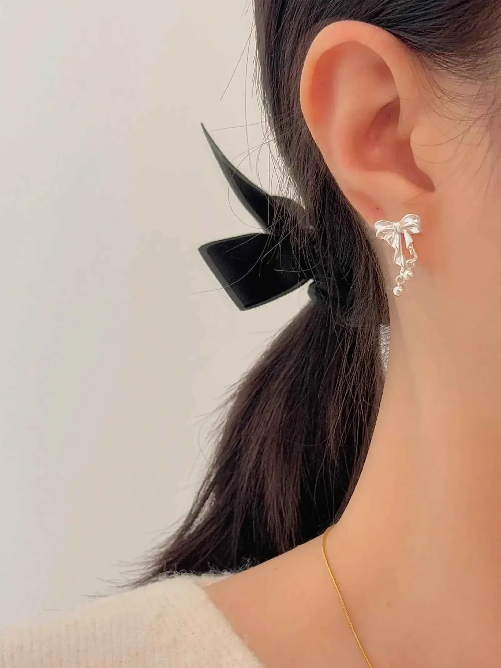 "Dancing Ballet" 999 Pure Silver 3D Bowknot and Silver Ball Stud Earrings - Elegant, Graceful, and Unique - Image 3