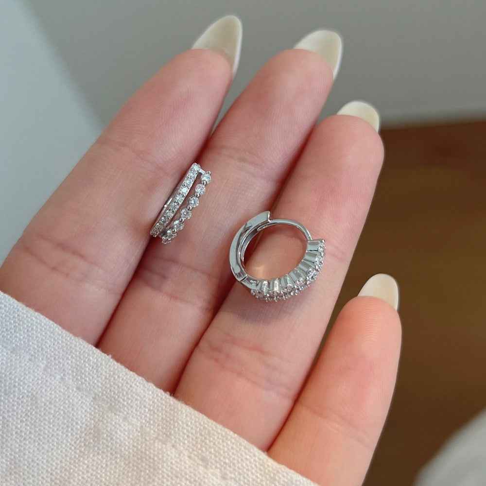 “Double Gleam” 925 Sterling Silver Dual-Row Moissanite Huggie Earrings - Image 3