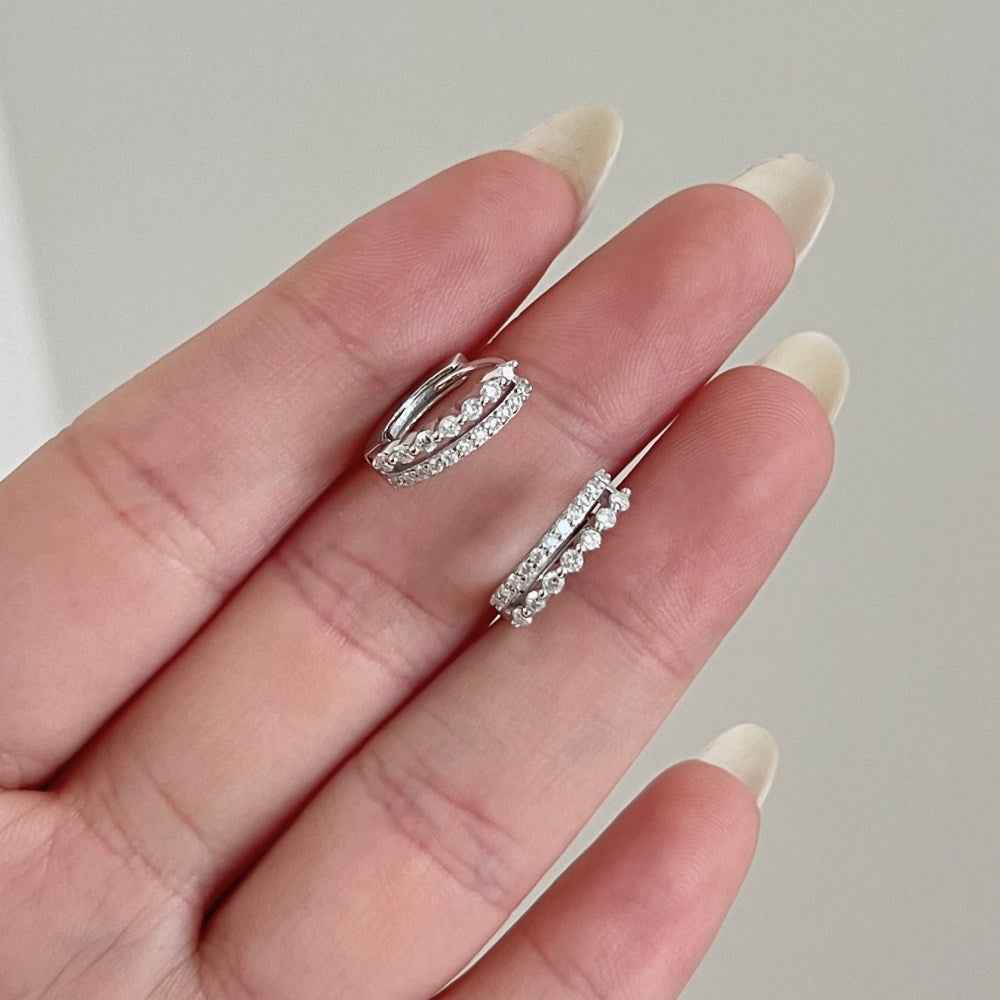“Double Gleam” 925 Sterling Silver Dual-Row Moissanite Huggie Earrings - Image 4