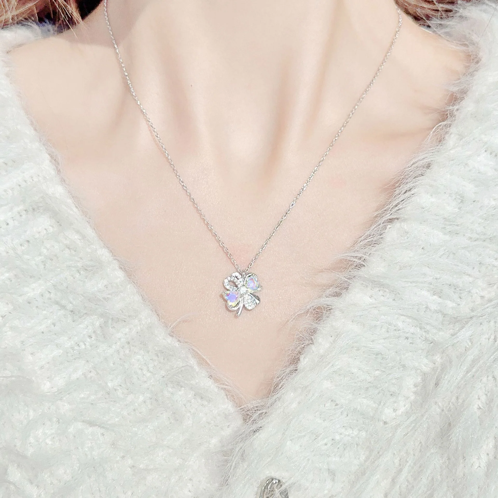 “Dream Clover” S925 Sterling Silver Opal Four-Leaf Clover Necklace - Image 3