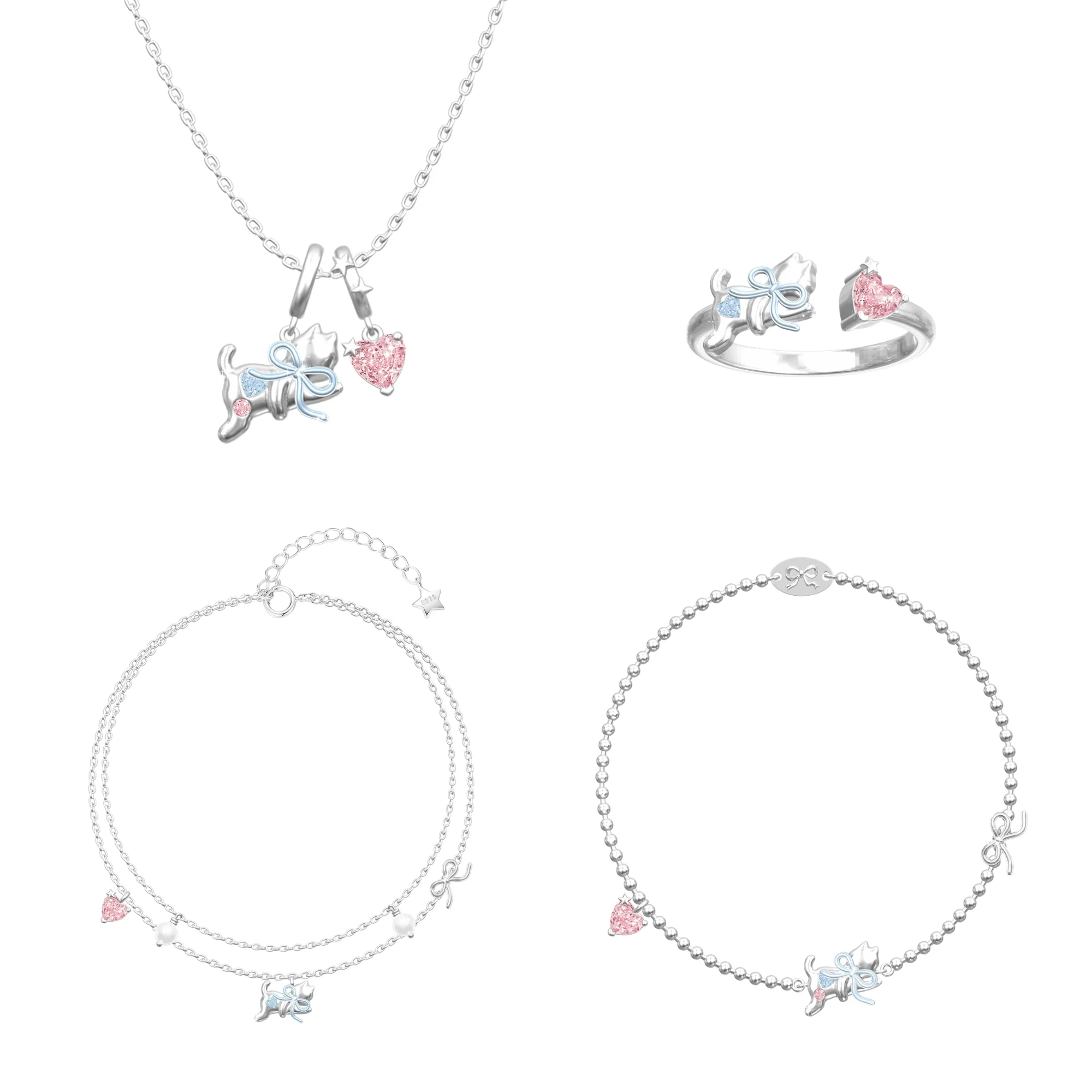“Dreamcatcher Kitty” 925 Sterling Silver Pink Heart Bow Cat Jewelry Set