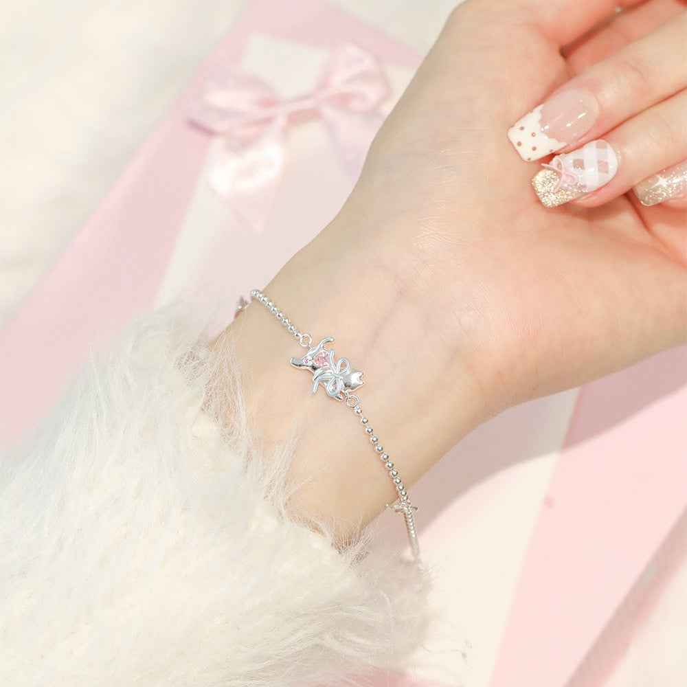 “Dreamcatcher Kitty” 925 Sterling Silver Pink Heart Bow Cat Jewelry Set - Image 5