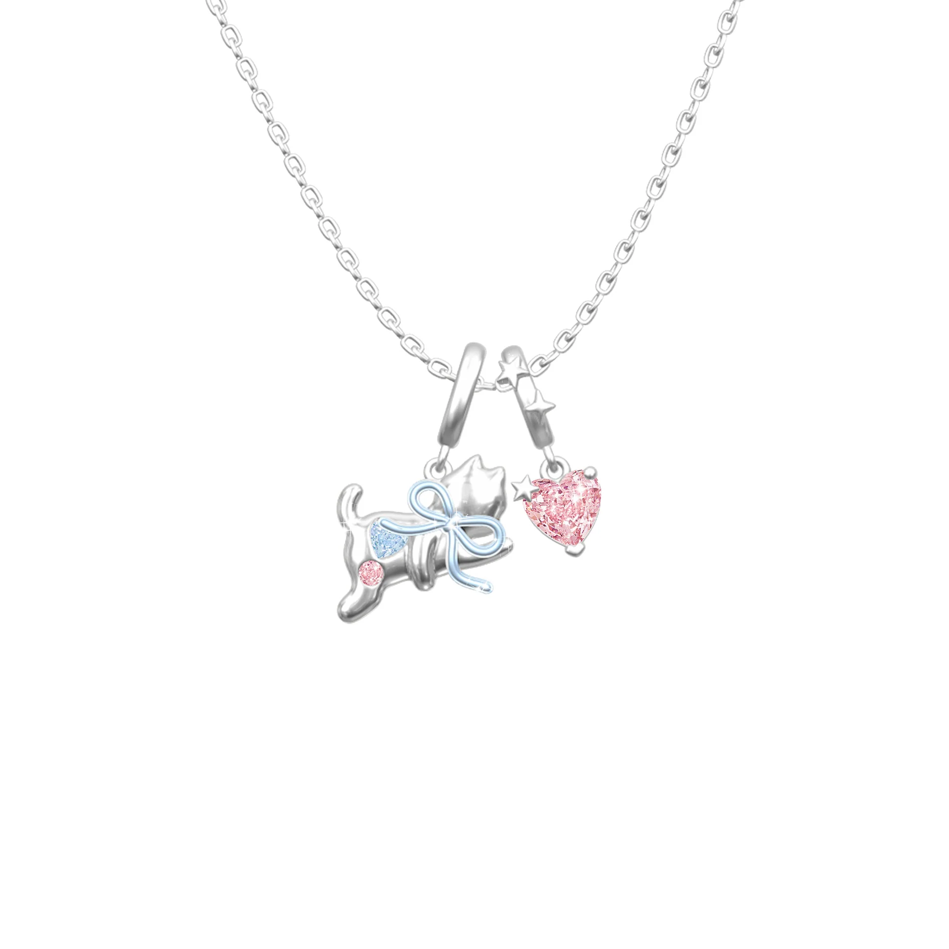 “Dreamcatcher Kitty” 925 Sterling Silver Pink Heart Bow Cat Jewelry Set - Image 6