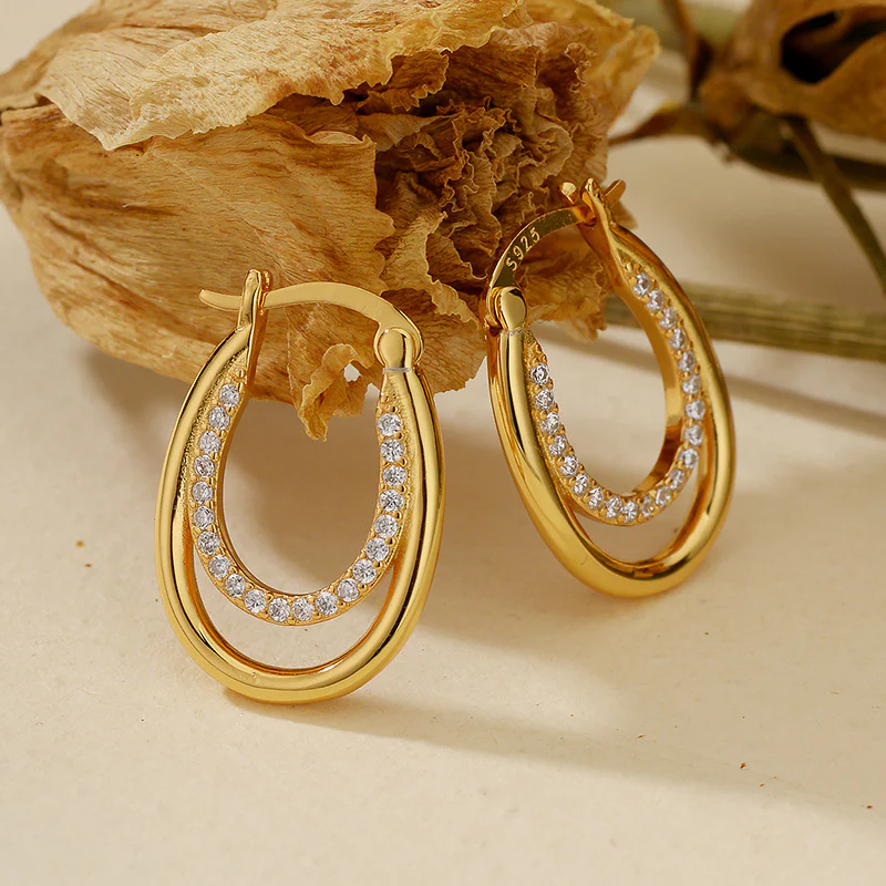 “Dual Arc Glow” 925 Sterling Silver Pavé Double-U Huggie Earrings - Image 4