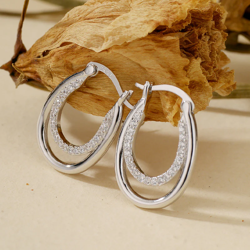 “Dual Arc Glow” 925 Sterling Silver Pavé Double-U Huggie Earrings - Image 5