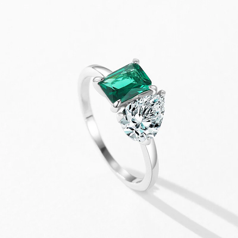 “Emerald Duet” 925 Sterling Silver Two-Stone Zircon Ring - Image 3