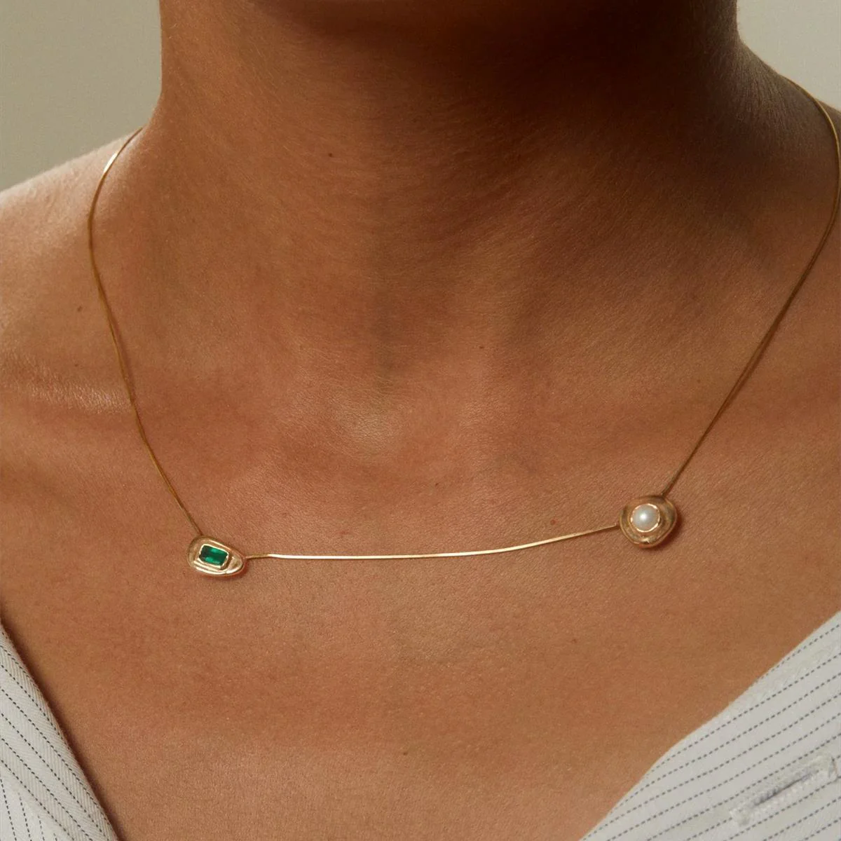 Emerald Orbit 18K Gold-Plated Brass Snake Chain Necklace - Image 3