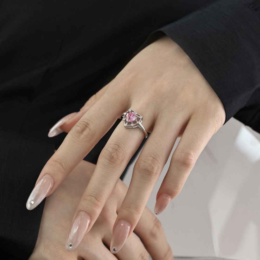 “Fairy Lace Heart” 925 Sterling Silver Pink Heart Halo Ring - Image 2