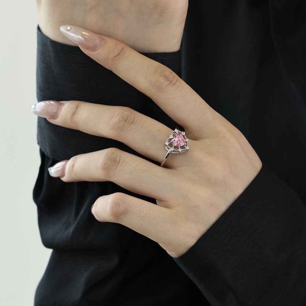 “Fairy Lace Heart” 925 Sterling Silver Pink Heart Halo Ring - Image 3