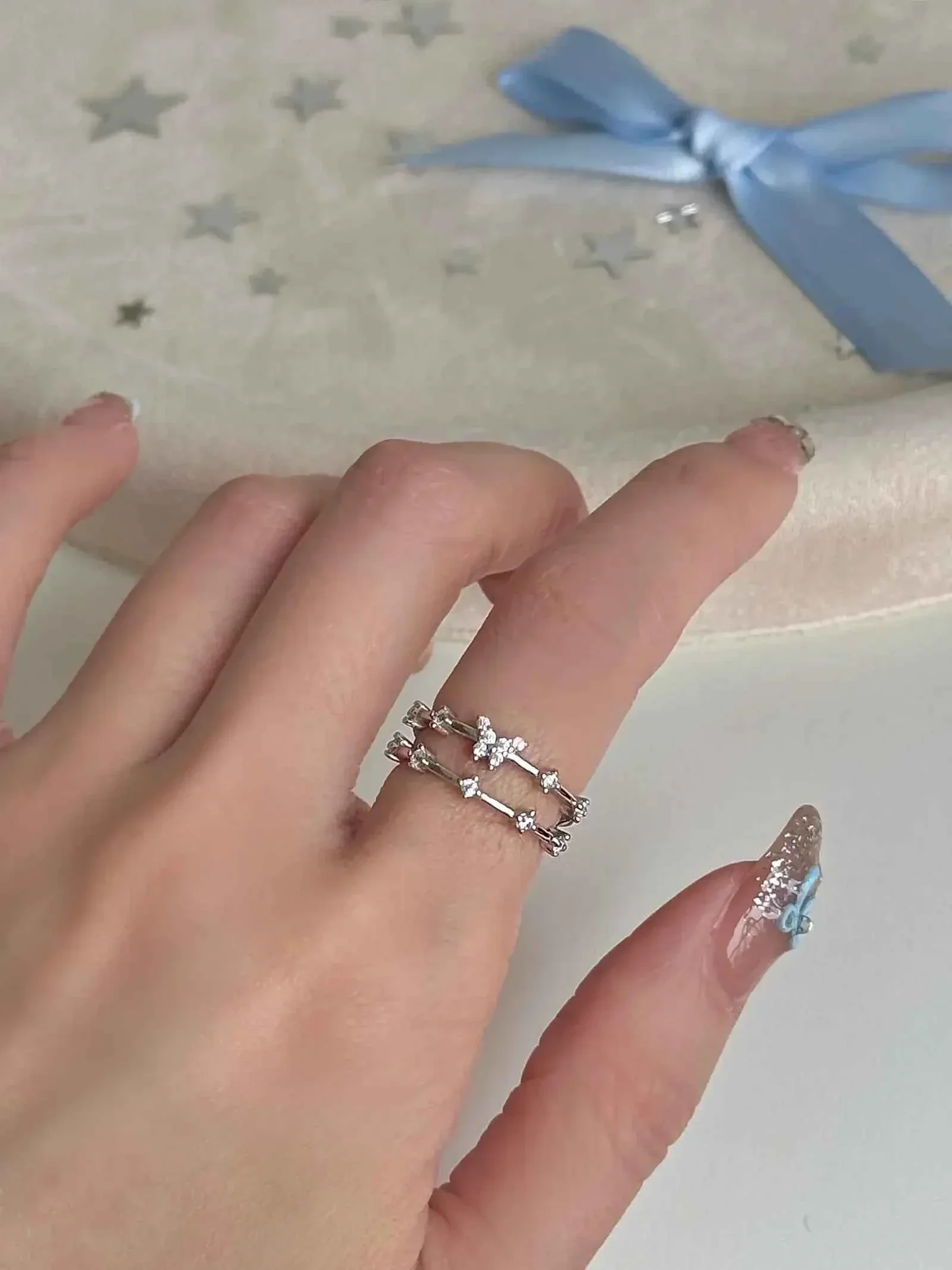 "Feather Veil" 925 Sterling Silver Double-Band Butterfly Ring with Artificial Gems - Delicate, Sparkling, and Luxe - Image 3