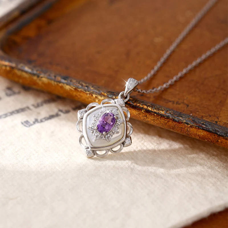 "Floating Light Palace" 925 Sterling Silver Retro Crystal Necklace with Mother-of-Pearl - Elegant and Regal - Image 3