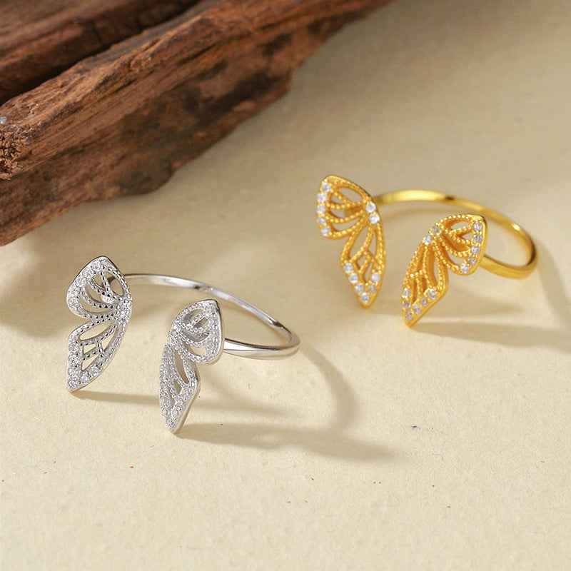 "Flutter Gleam" 925 Sterling Silver Pavé Butterfly Open Ring