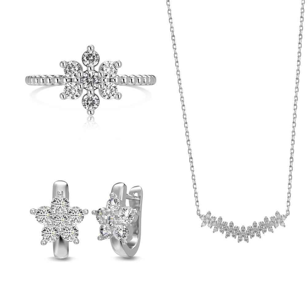 “Frost Étoile” S925 Sterling Silver Snowflake Zircon Jewelry Set (Necklace, Earrings & Ring)