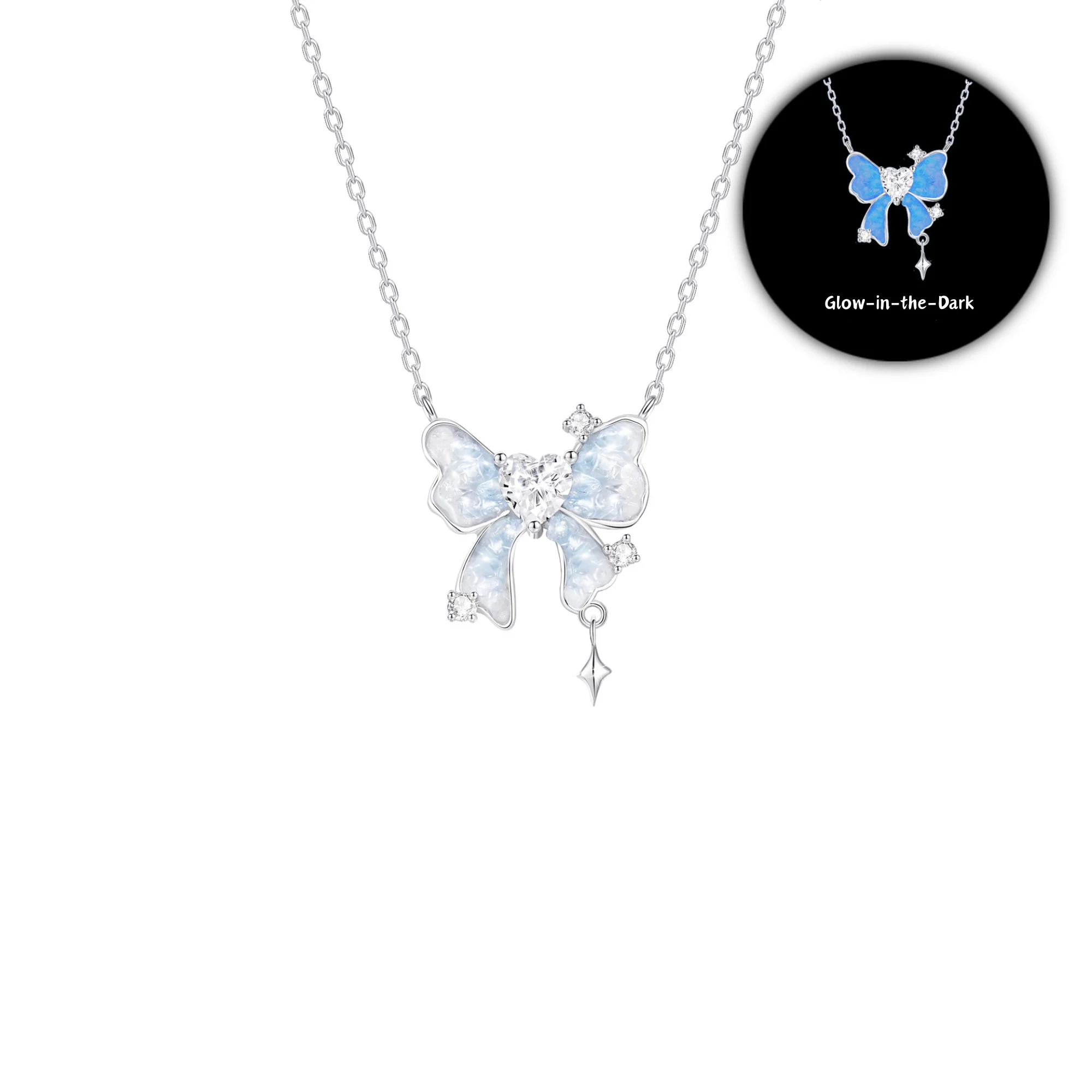 “Frostlight Bow” 925 Sterling Silver Glow Butterfly Bow Necklace
