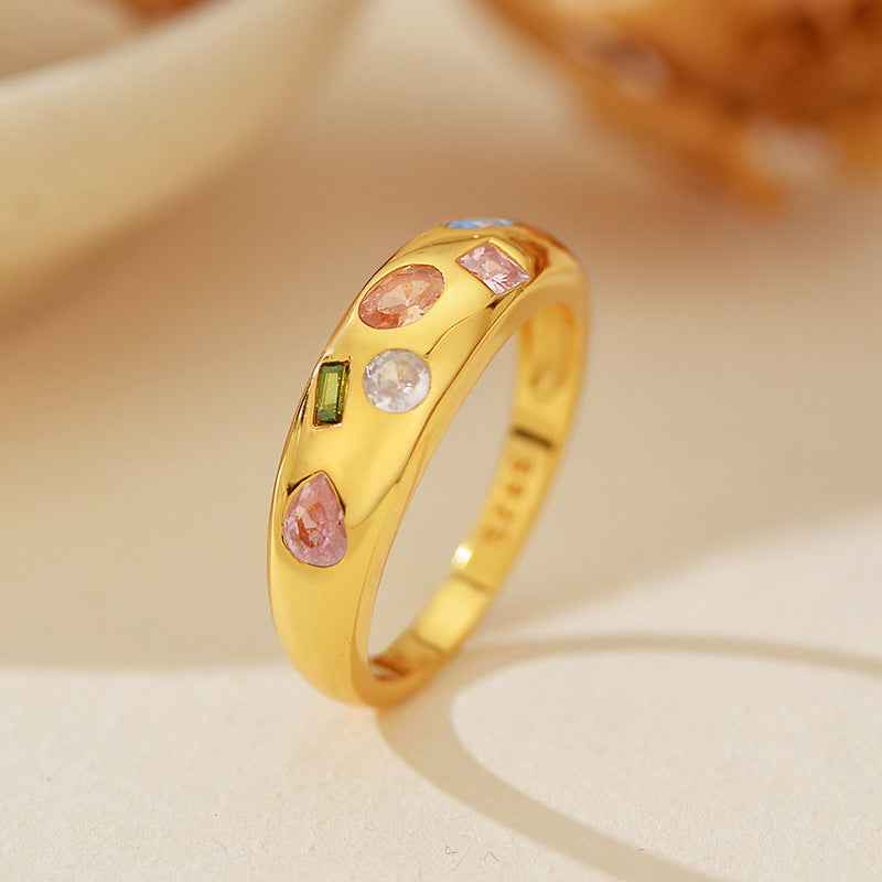 "Gem Symphony" 18K Gold / Platinum-Plated 925 Sterling Silver Multi-Color Zircon Ring - Image 3