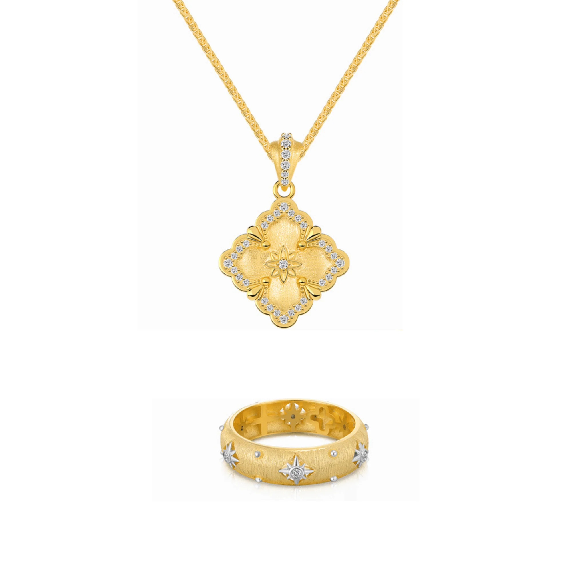 "Gilded Bloom" 925 Sterling Silver Filigree Clover Necklace & Ring Set