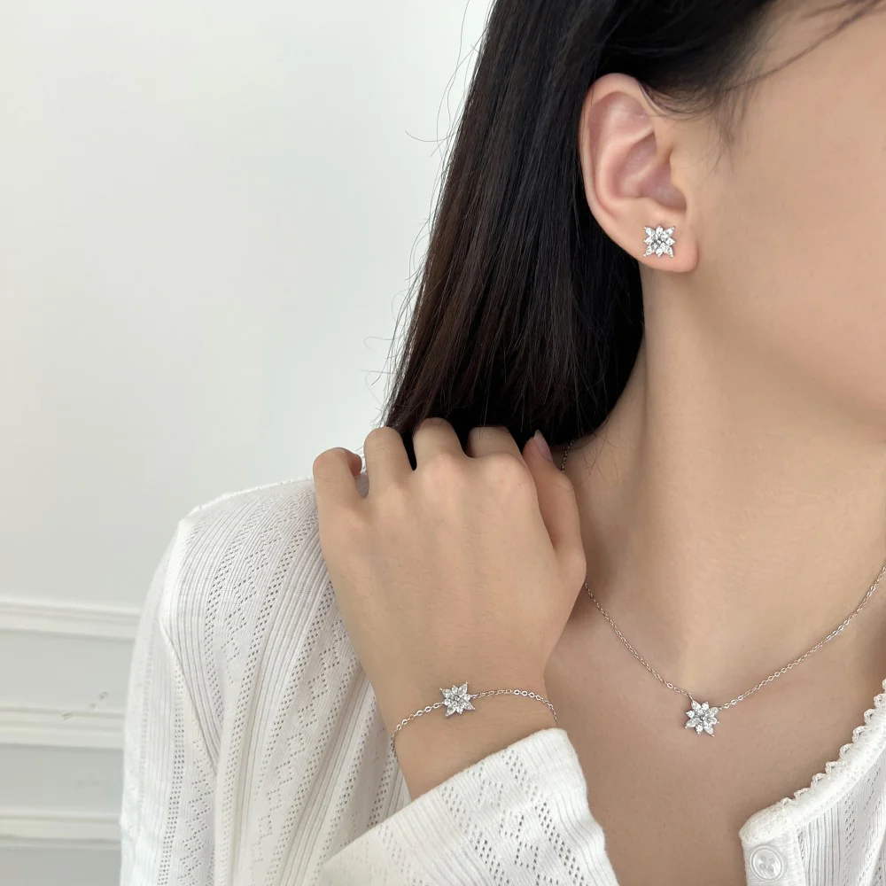 “Glacier Bloom” S925 Sterling Silver Snowflake Crystal Jewelry Set (Necklace, Bracelet & Earrings) - Image 2