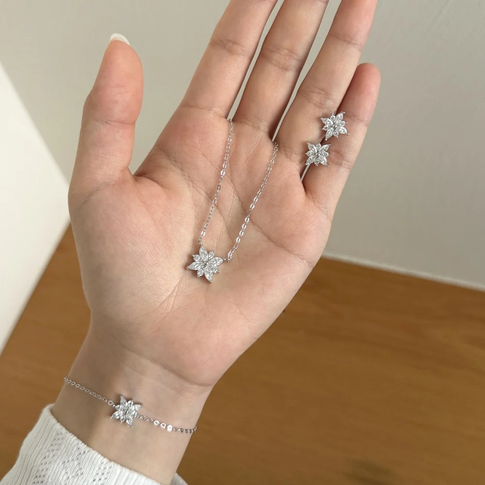 “Glacier Bloom” S925 Sterling Silver Snowflake Crystal Jewelry Set (Necklace, Bracelet & Earrings) - Image 3