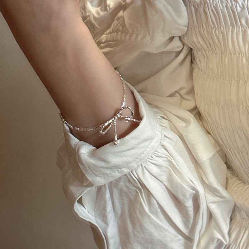 "Glitter Bow" 925 Sterling Silver Fragmented Chain Necklace & Bracelet - Image 3