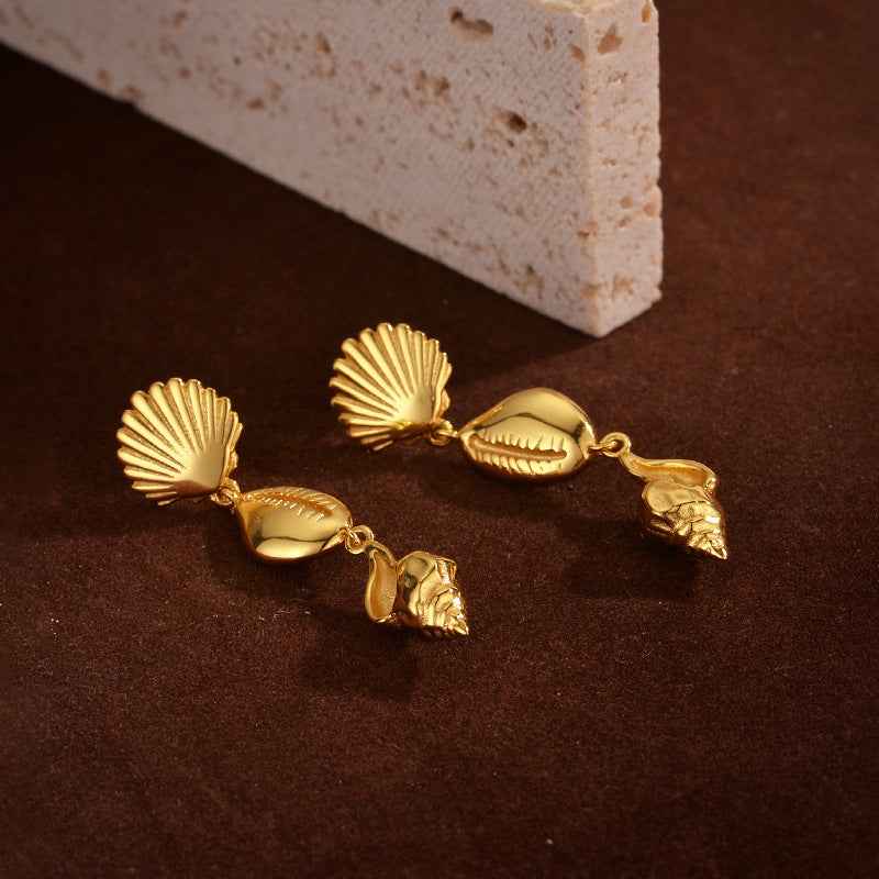 "Golden Seashell Symphony" 18K Gold-Plated 925 Sterling Silver Drop Earrings - Image 3