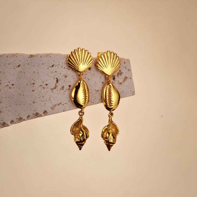 "Golden Seashell Symphony" 18K Gold-Plated 925 Sterling Silver Drop Earrings - Image 4