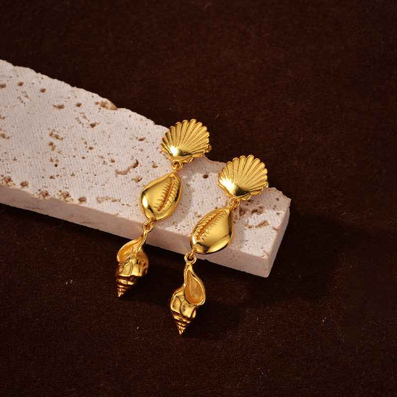 "Golden Seashell Symphony" 18K Gold-Plated 925 Sterling Silver Drop Earrings - Image 5
