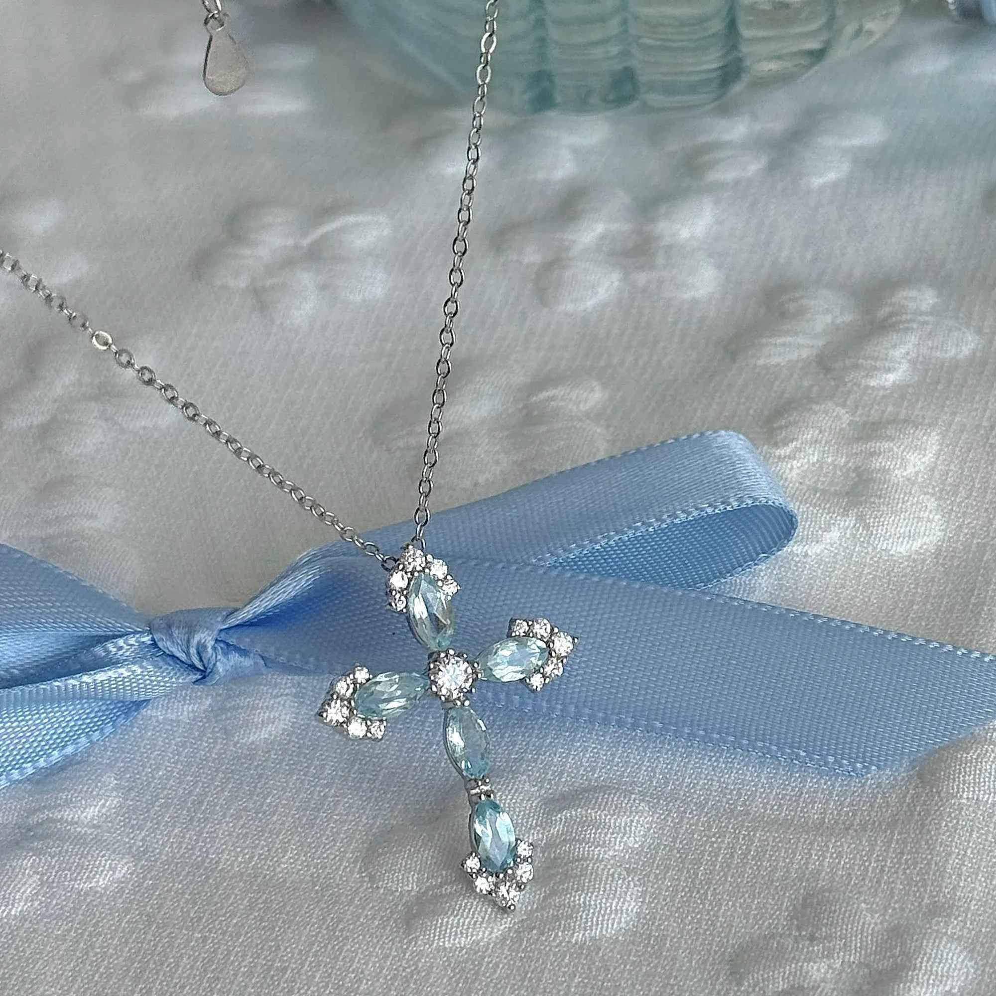 "Greek Maiden at the Wishing Well" 925 Sterling Silver Topaz-Blue Cross Pendant Necklace – Unique & Mystical - Image 2