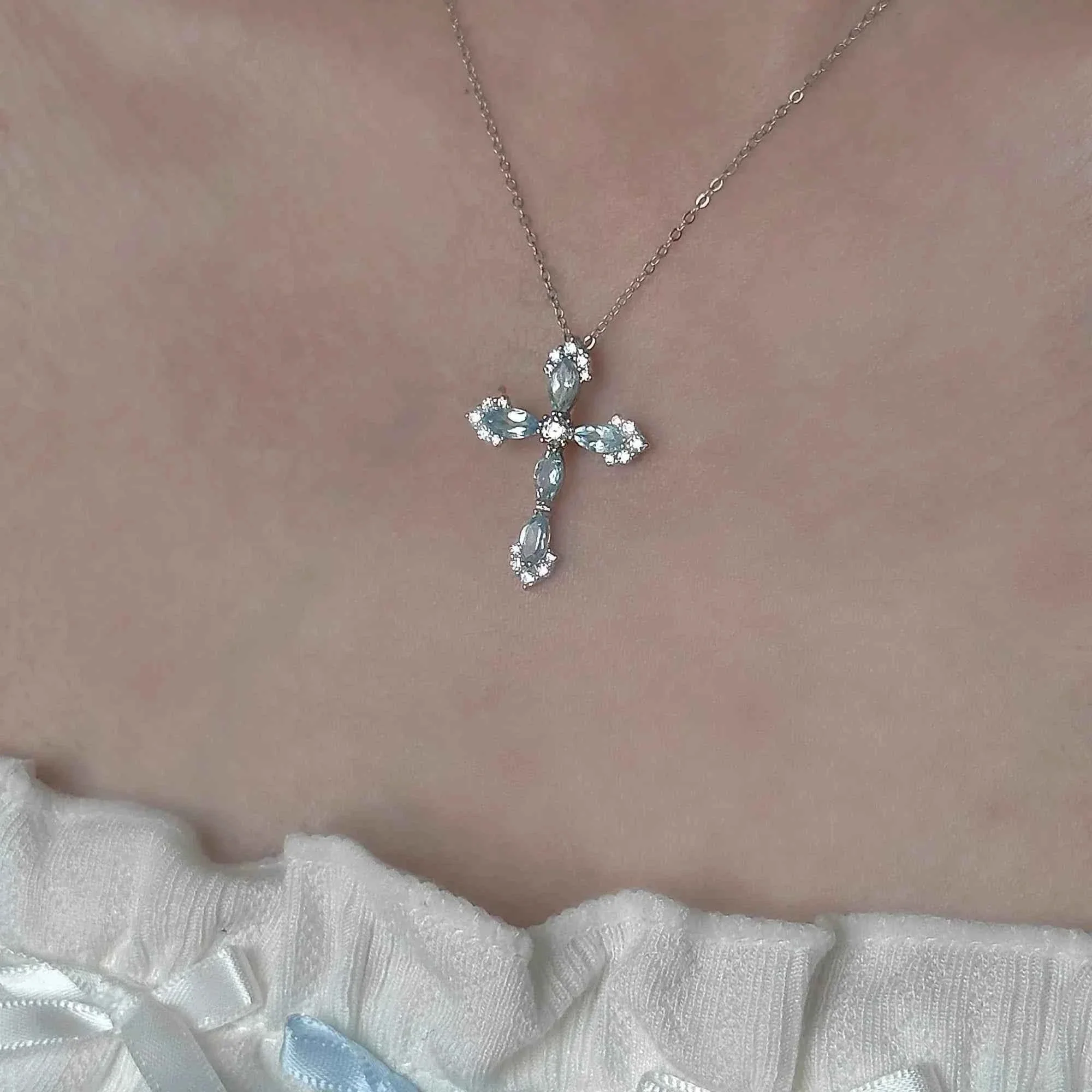 "Greek Maiden at the Wishing Well" 925 Sterling Silver Topaz-Blue Cross Pendant Necklace – Unique & Mystical - Image 3