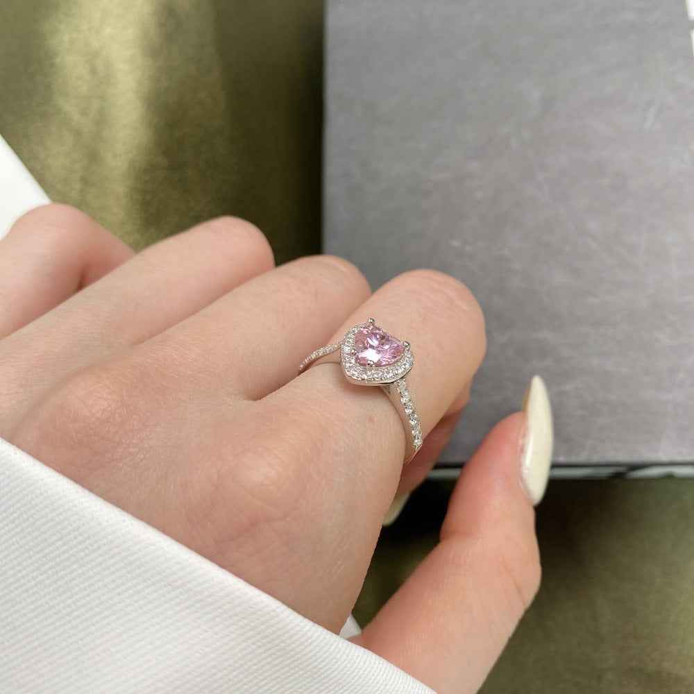 “Halo Blossom Heart” 925 Sterling Silver Pink Heart Halo Ring - Image 2