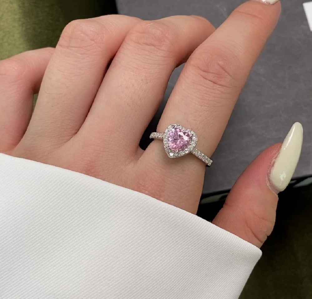 “Halo Blossom Heart” 925 Sterling Silver Pink Heart Halo Ring - Image 3