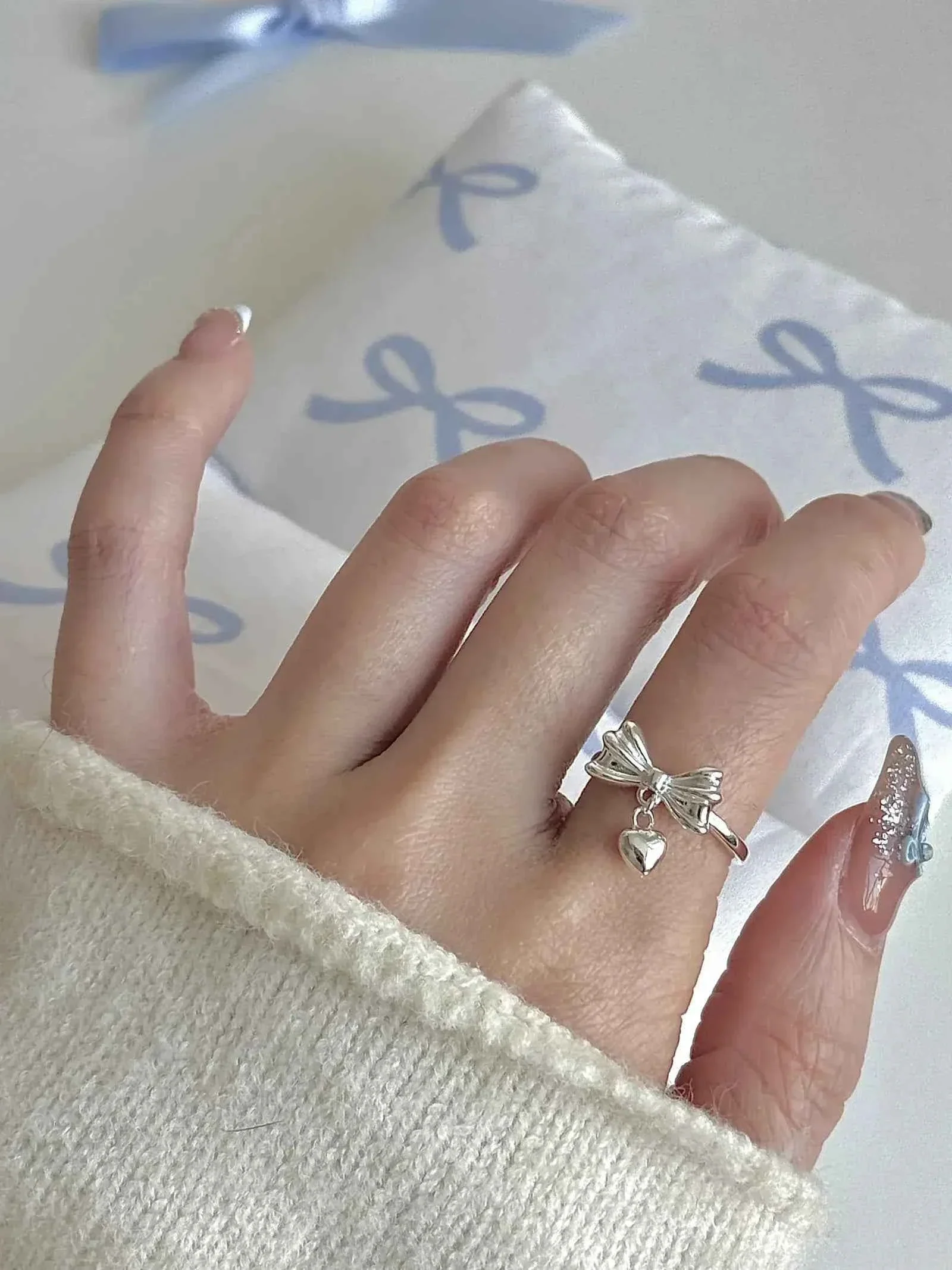 "Heartbeat Rhythm" 925 Sterling Silver Bow Heart Ring - Delicate, Sweet, and Chic - Image 3