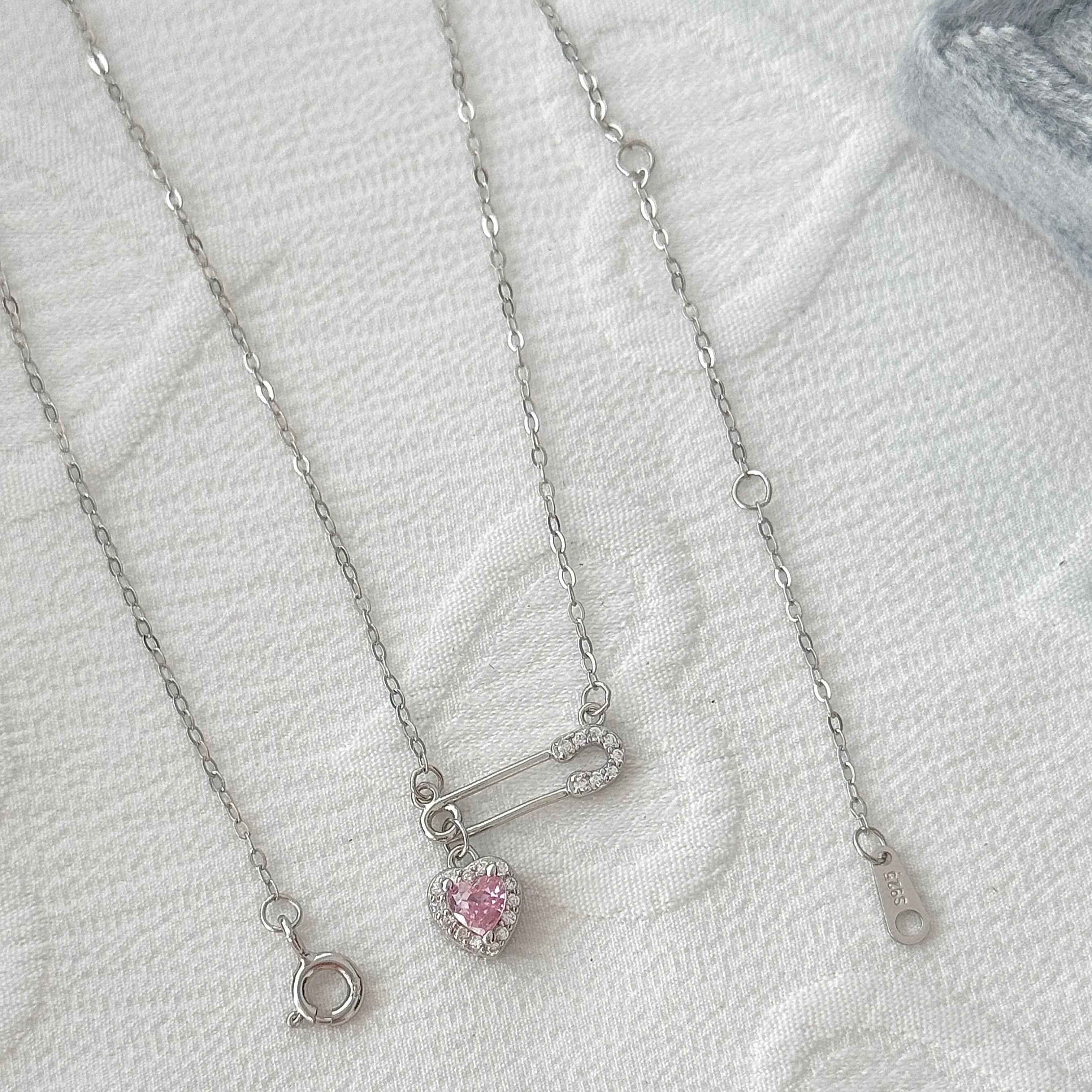 Heartfelt Connection 925 Sterling Silver Heart and Safety Pin Necklace with Pink Zircon - Unique and Charming - Image 4