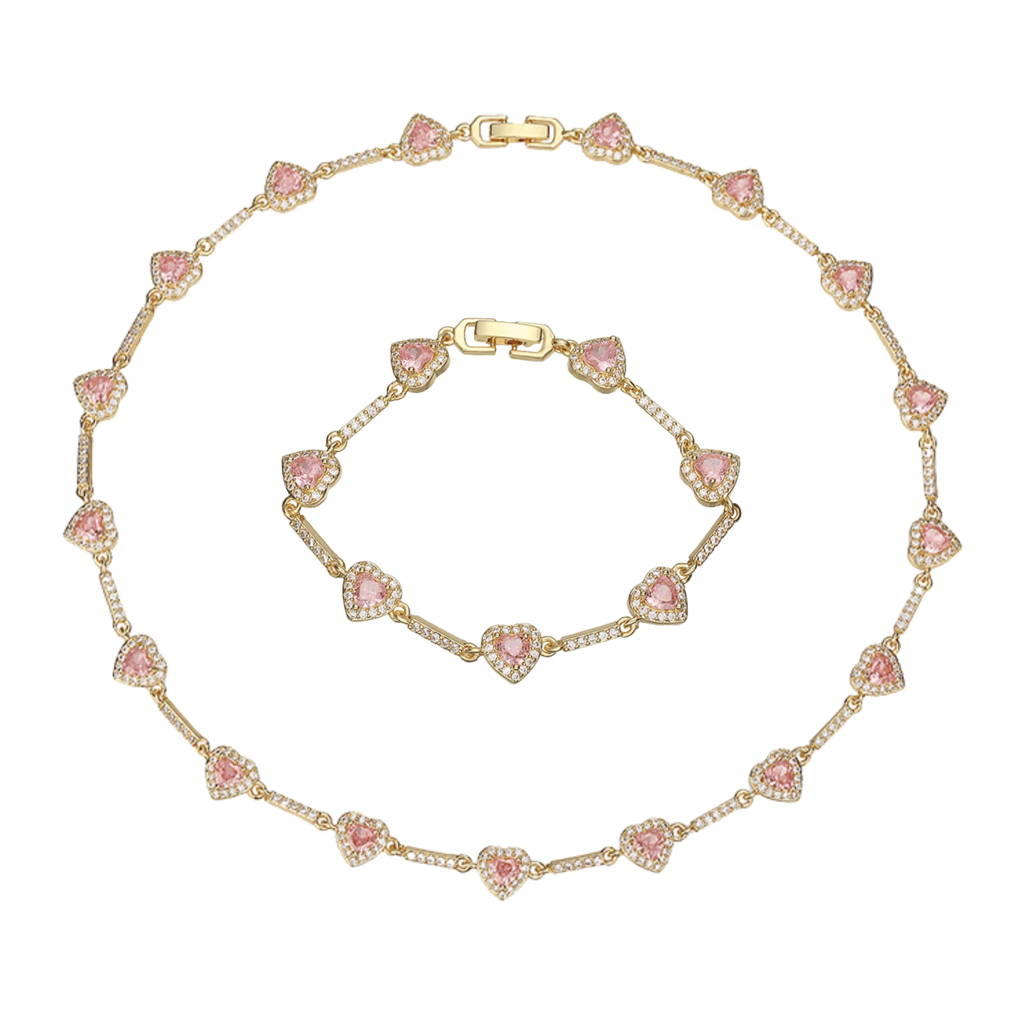 “Heartline” Gold-Tone Brass Colorful Zircon Heart Jewelry Set