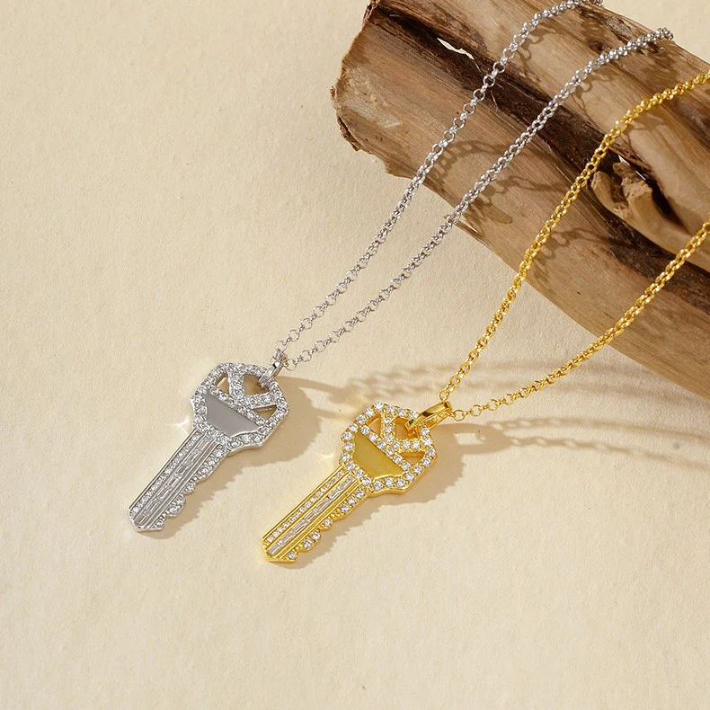 “Key of Power” 925 Sterling Silver Pavé Key Pendant Necklace - Image 4