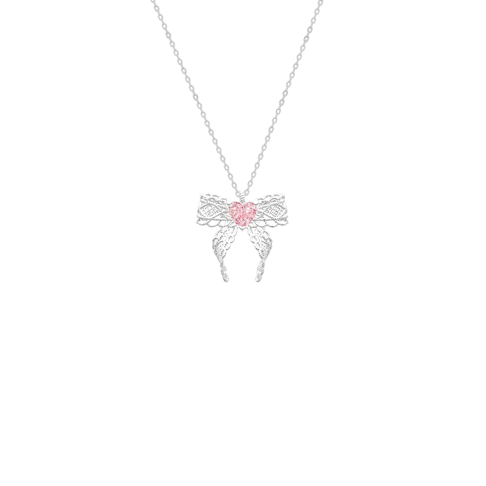 Lace Rosé Bow 925 Sterling Silver Pink Crystal Bow Necklace