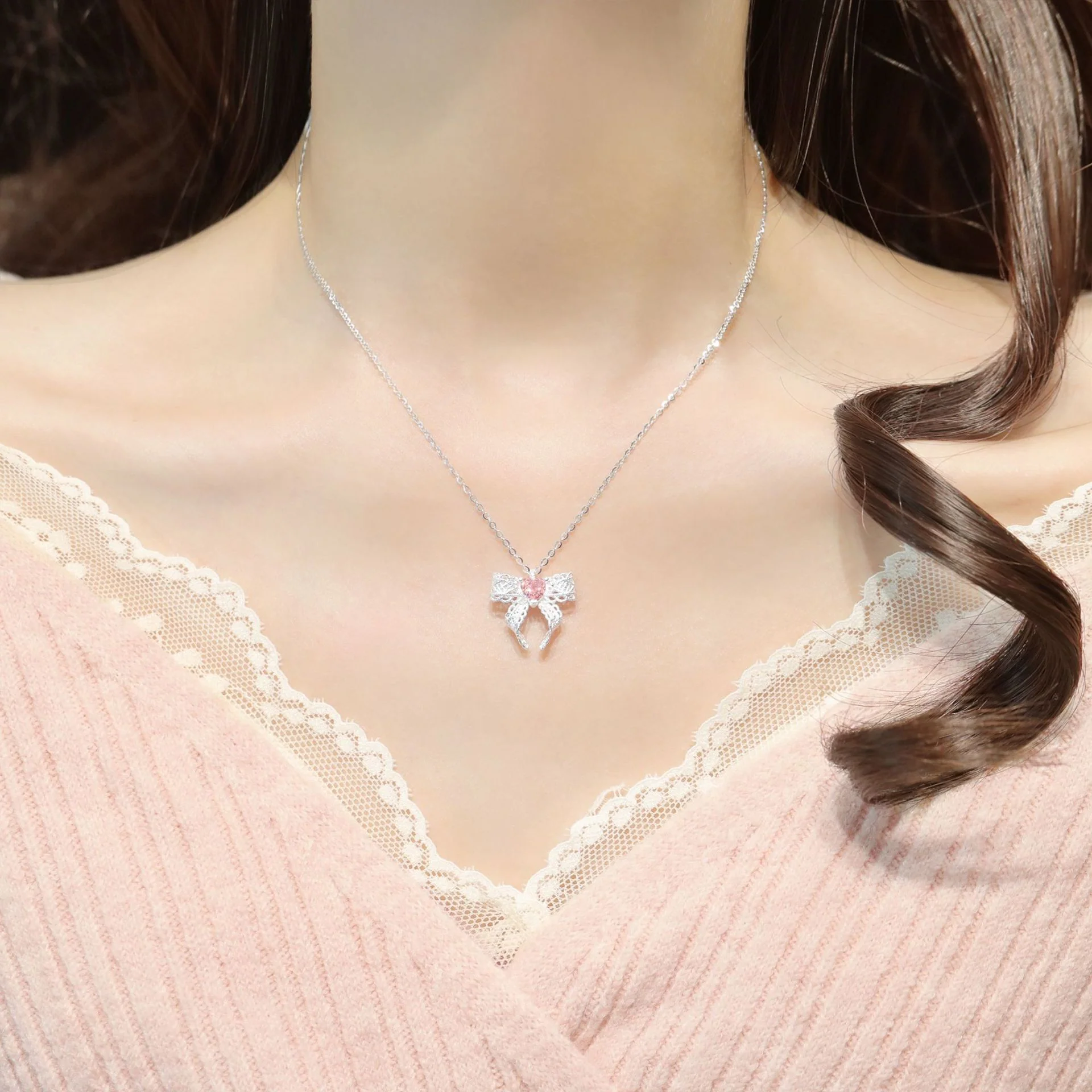 Lace Rosé Bow 925 Sterling Silver Pink Crystal Bow Necklace - Image 2